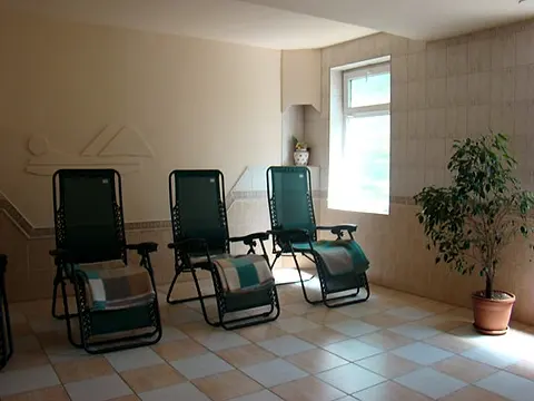 Tri ležadlá s dekami a izbová rastlina v tepidáriu